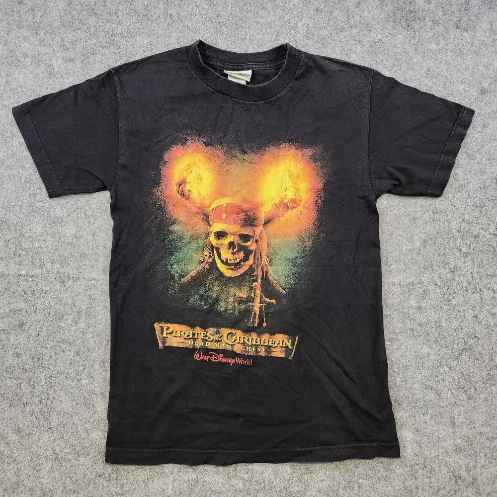 VTG Pirates of the Caribbean Shirt‎ Mens Small Black Dead Man's Chest Disney WDW